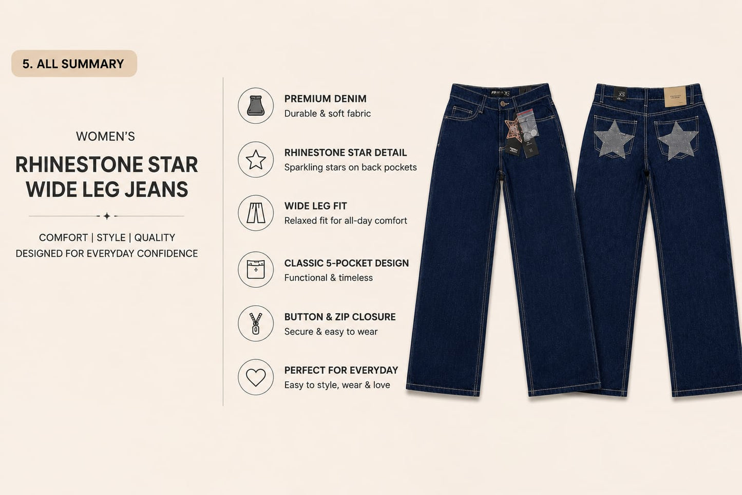 Women's Premium Rhinestone Star Wide Leg Jeans