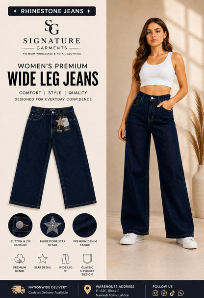 Women's Premium Rhinestone Star Wide Leg Jeans