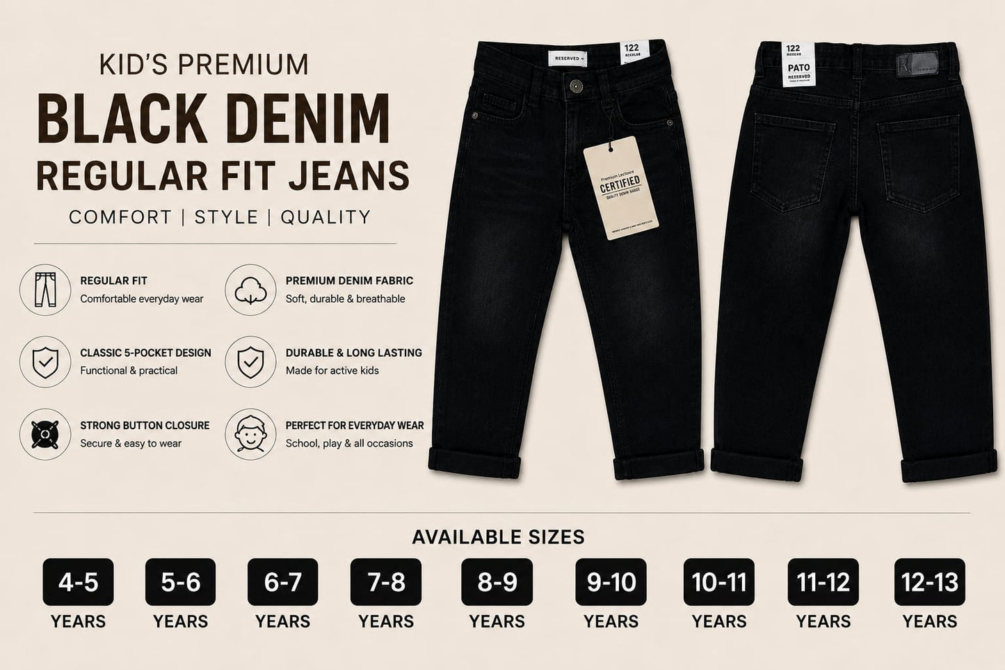 Kids Premium Black Regular Fit Jeans